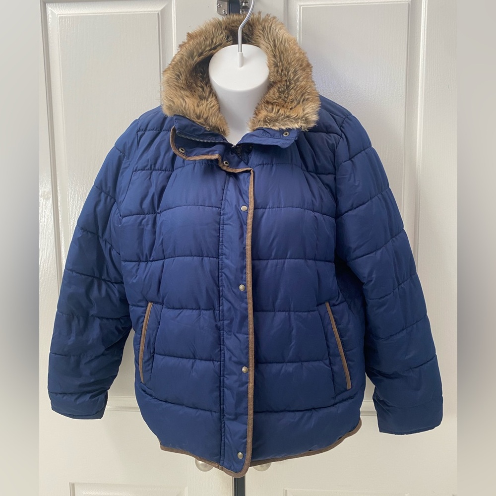 Old Navy Blue Puffer Jacket with Faux Fur Trim Sz XXL